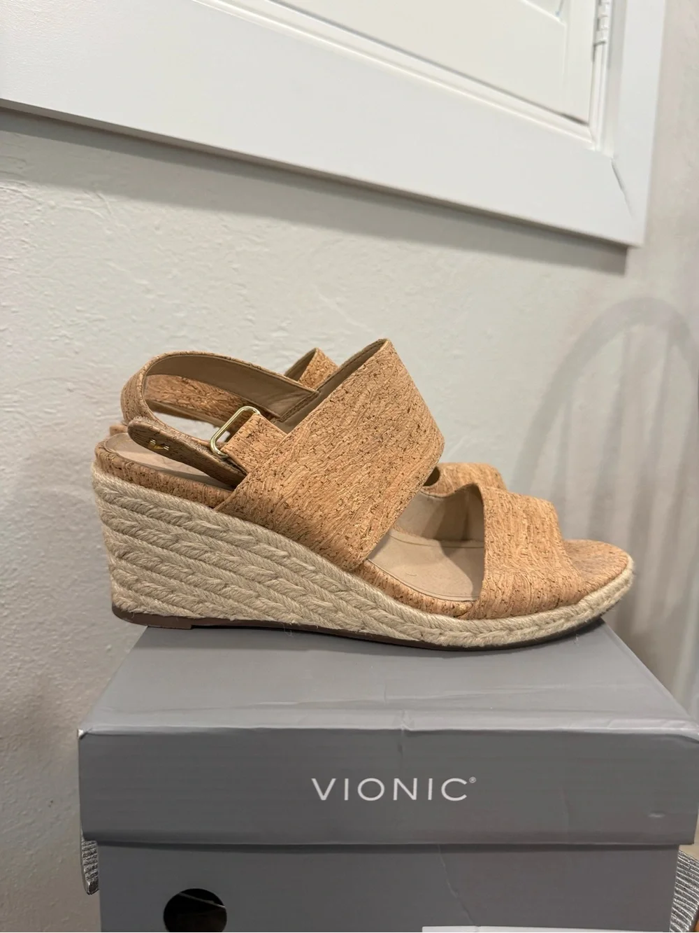 Vionic Tan Espadrille Cork Wedge Sandals